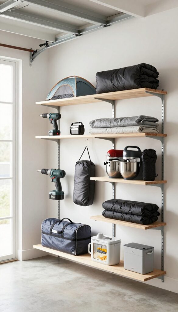 A garage or storage room with rental items like tools, camping gear, and kitchen appliances neatly arranged on shelves.