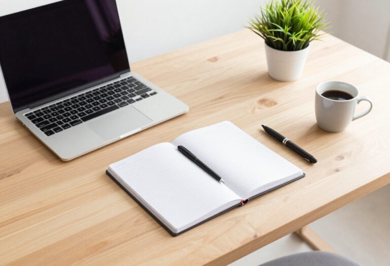 Flat lay of laptop, notebook, and coffee on a desk representing low-cost business ideas