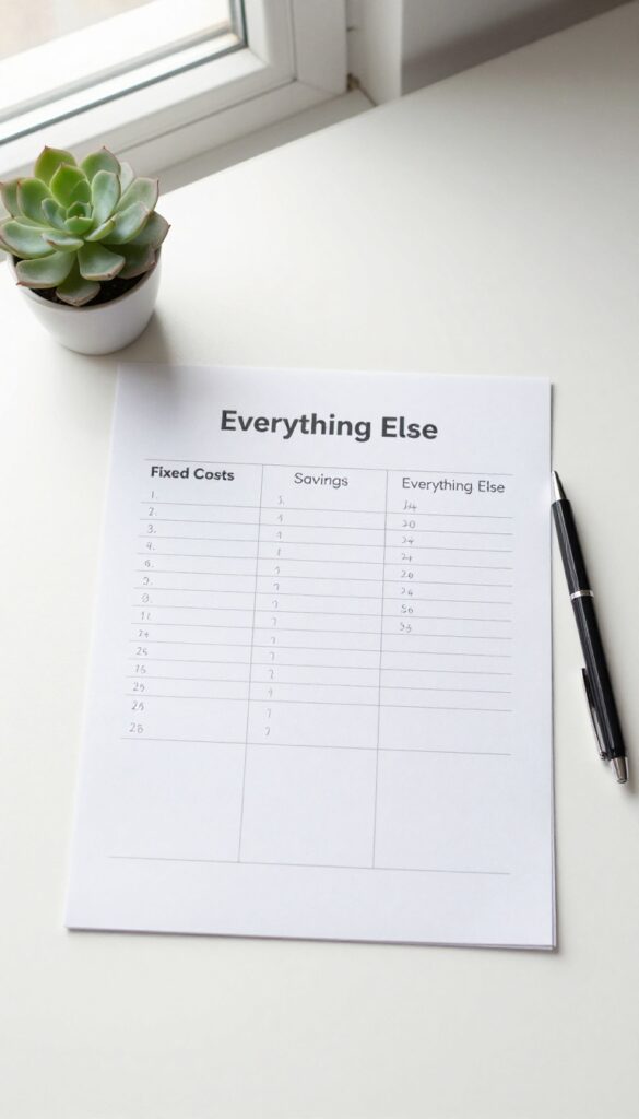 Minimalist budget worksheet with three categories on a clean desk, natural light, plant and pen nearby.