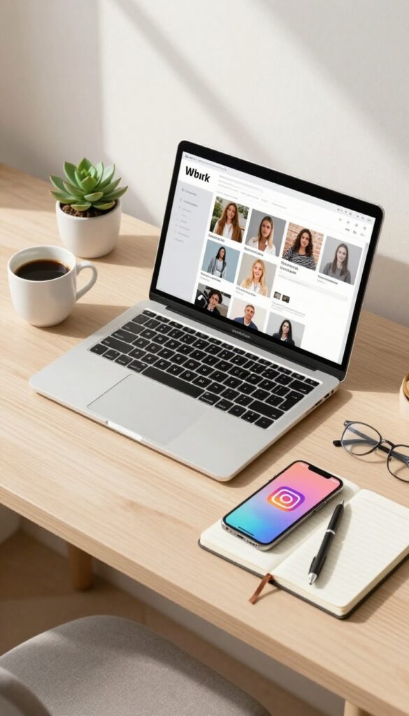 Modern home office desk with laptop showing social media dashboard and smartphone, bright natural light