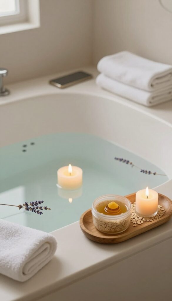 DIY spa night with bath, candle, and homemade face mask in a cozy bathroom