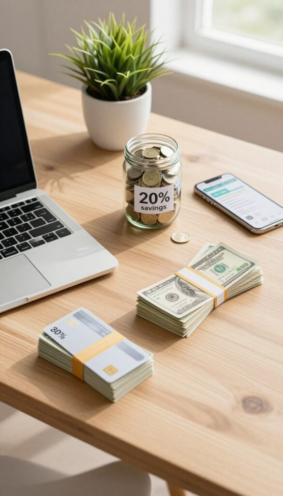 Flat lay of a wooden desk with a laptop, a savings jar with coins, cash, credit cards, and a smartphone, representing the 80/20 budgeting rule.