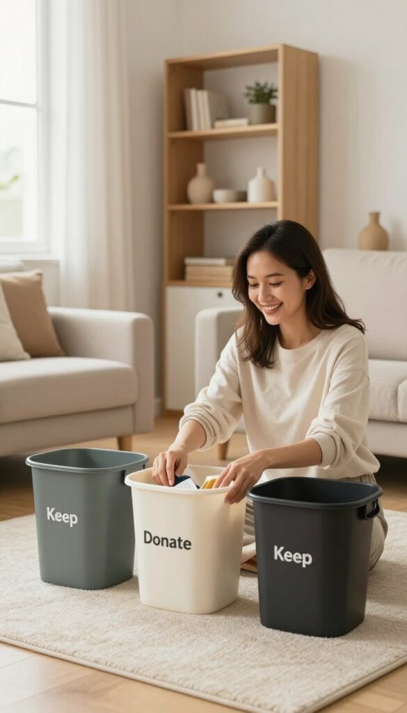 Bright living room with woman sorting items into keep, donate, and trash bins during a decluttering party.