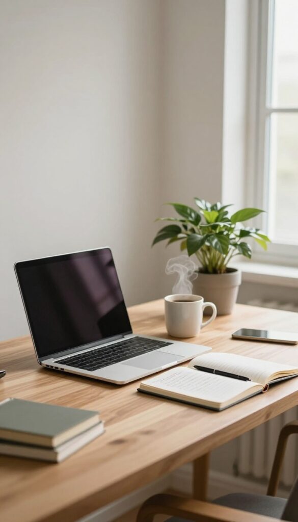 Cozy home office with laptop, coffee, notebook, and plant in natural light