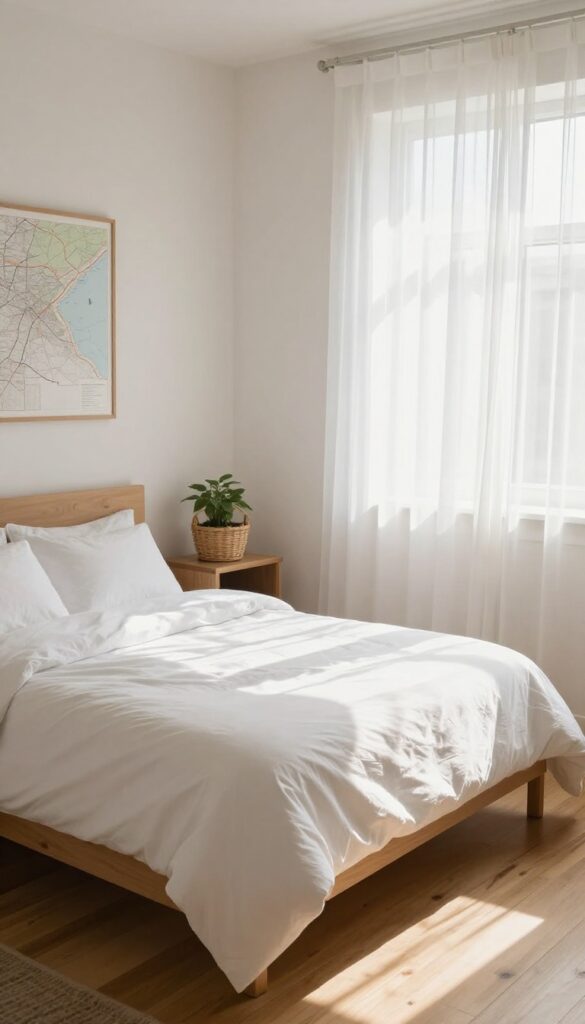 Cozy spare bedroom with white linens and welcome basket, ready for Airbnb guests