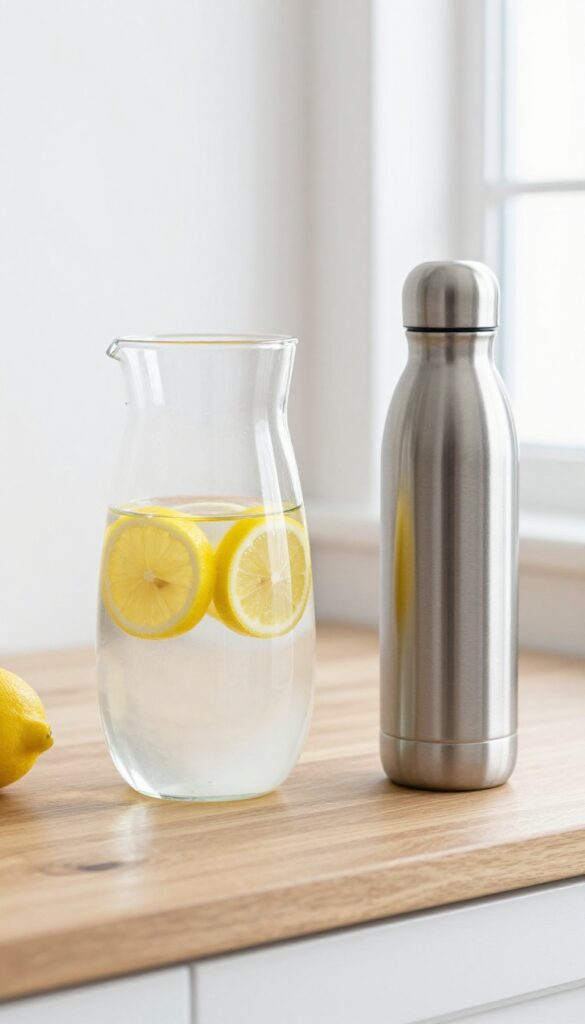 Reusable water bottle and glass pitcher with lemon water on a kitchen counter