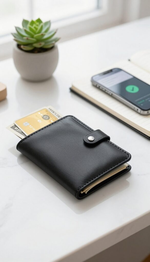 A wallet with a credit card and cash on a marble counter, smartphone and notepad beside it, bright natural light.