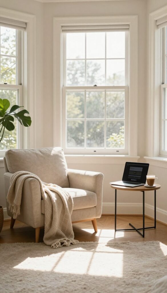 Cozy living room setup with a laptop open to an online survey site, a cup of coffee, and soft natural light.