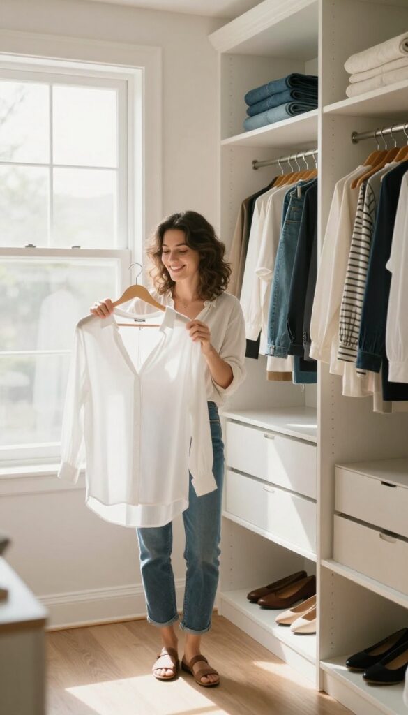 A woman in a bright, organized closet holding a white blouse, representing a no-clothes-shopping challenge.