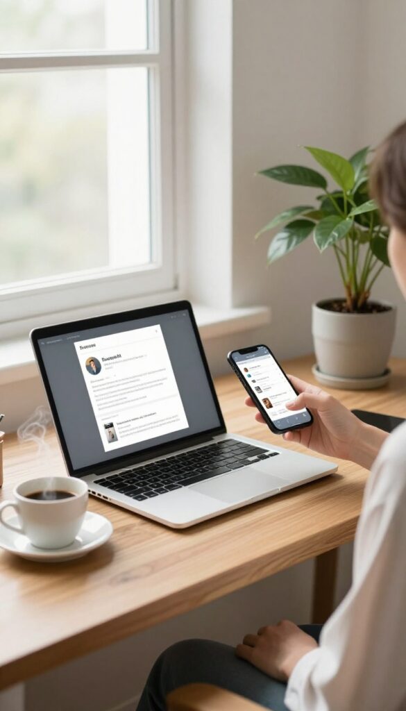 Woman's hand holding smartphone with product review, laptop on desk, coffee and plant, bright natural light