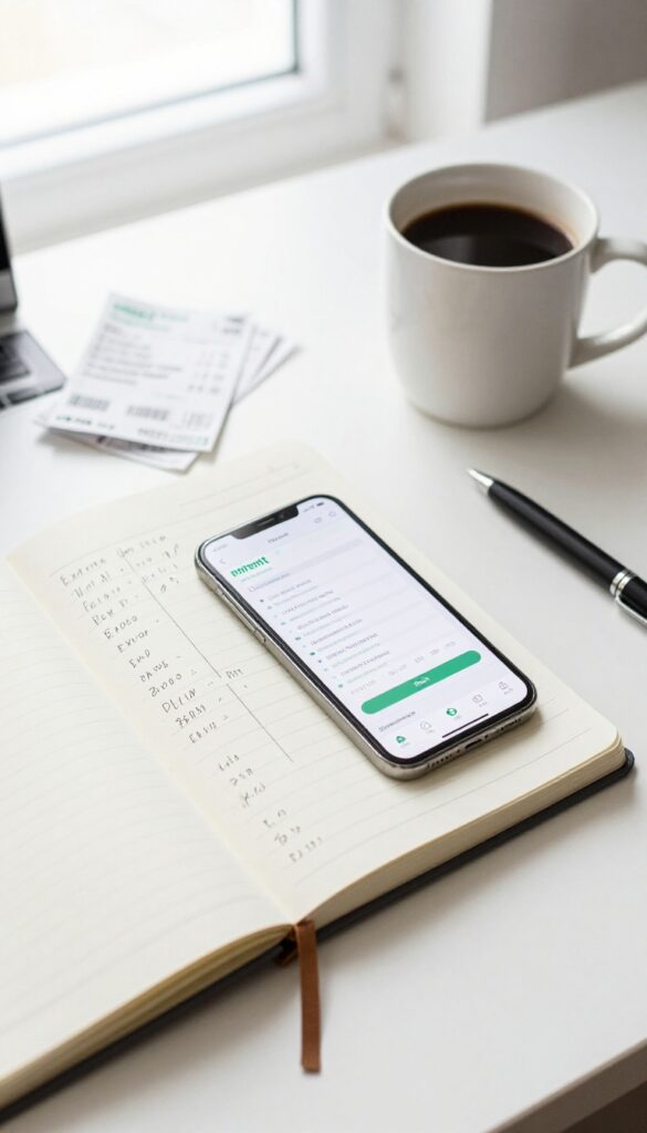 Flat lay of expense tracking notebook, smartphone with budgeting app, coffee cup, pen, and receipts on a desk.