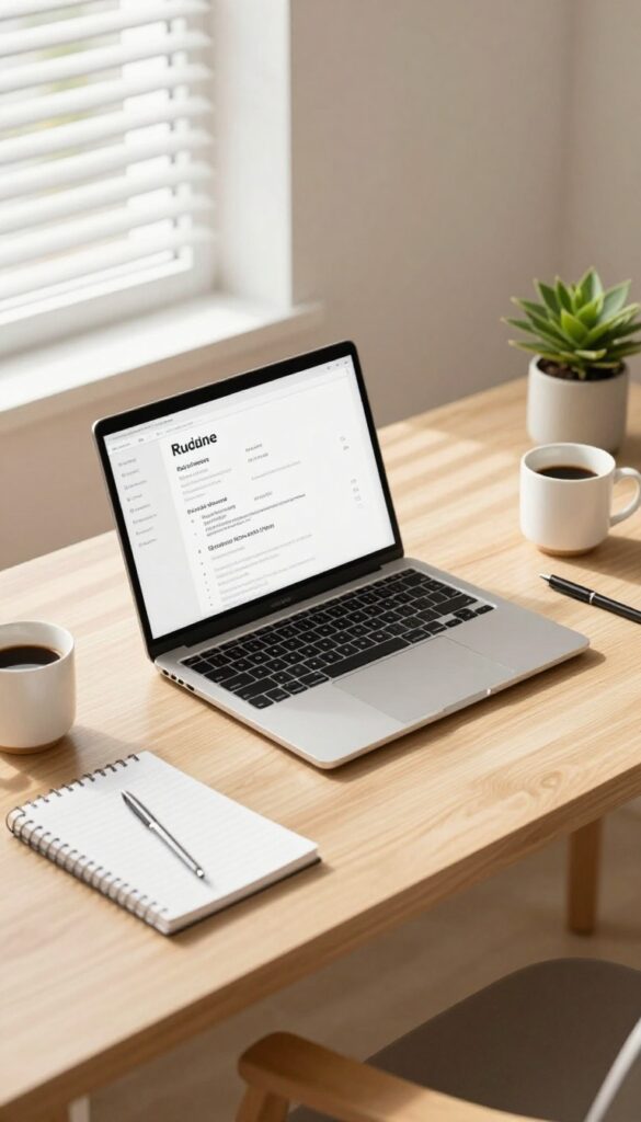 Home office desk with laptop showing resume template, notepad, pen, coffee cup, and plant in natural light.