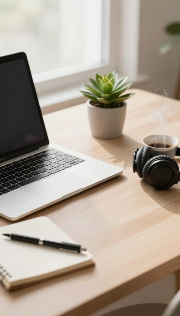 A person's desk with laptop, headphones, notebook, coffee, and plant, bathed in natural light, representing transcription work from home.