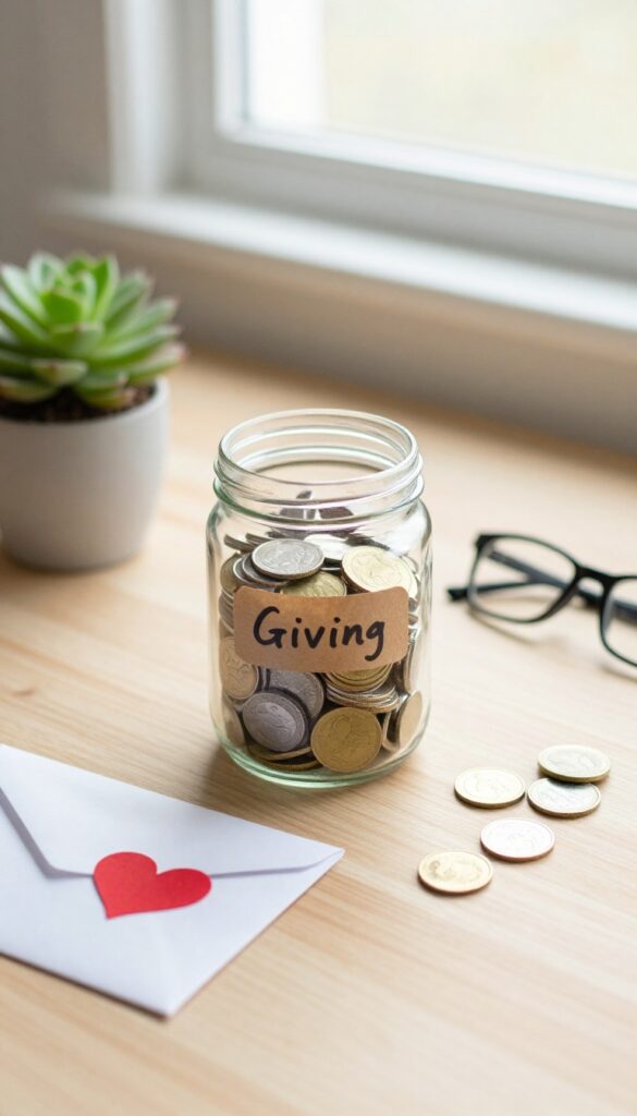 Flat lay of a glass jar labeled 'Giving' filled with money, surrounded by a succulent, envelope, and glasses on a wooden desk