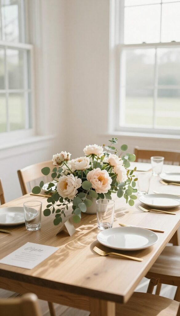 Elegant small birthday party table setting with floral centerpiece and natural light