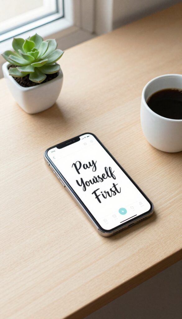 A flat lay of a desk with a smartphone displaying a banking app, a succulent, a coffee cup, and a note that says Pay Yourself First.