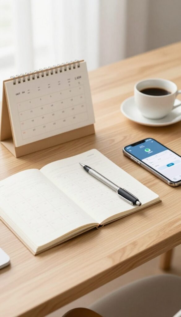 Buffer day calendar reminder setup on a desk with phone and coffee