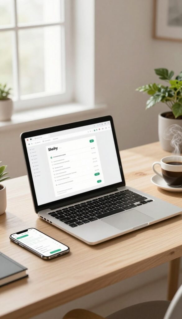 A home office desk with a laptop and smartphone showing a dropshipping store interface, coffee cup, and plant, bright natural light.