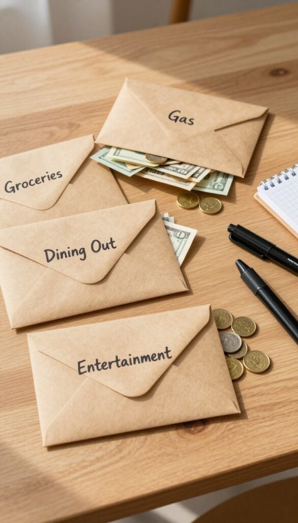 Flat lay of cash envelope system with labeled envelopes and money on wooden table