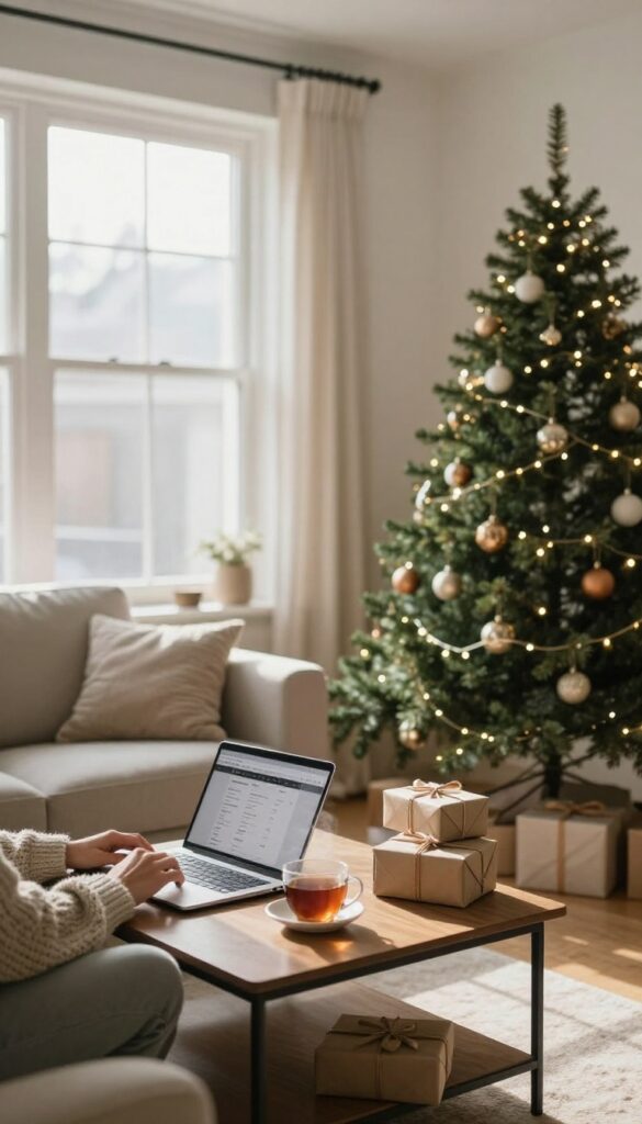 Person relaxing on couch with laptop and tablet during post-holiday shopping, cozy living room with Christmas tree
