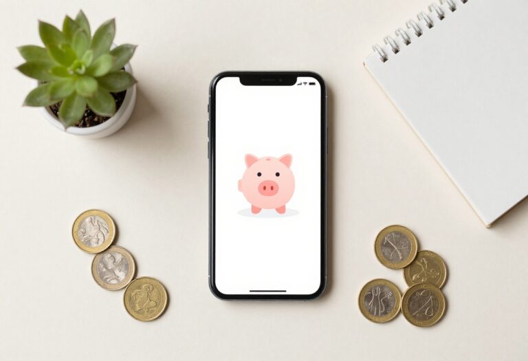 Smartphone with savings app and coins on a wooden table