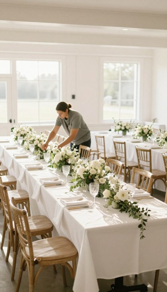 Event setup worker arranging tables and decorations in a bright venue