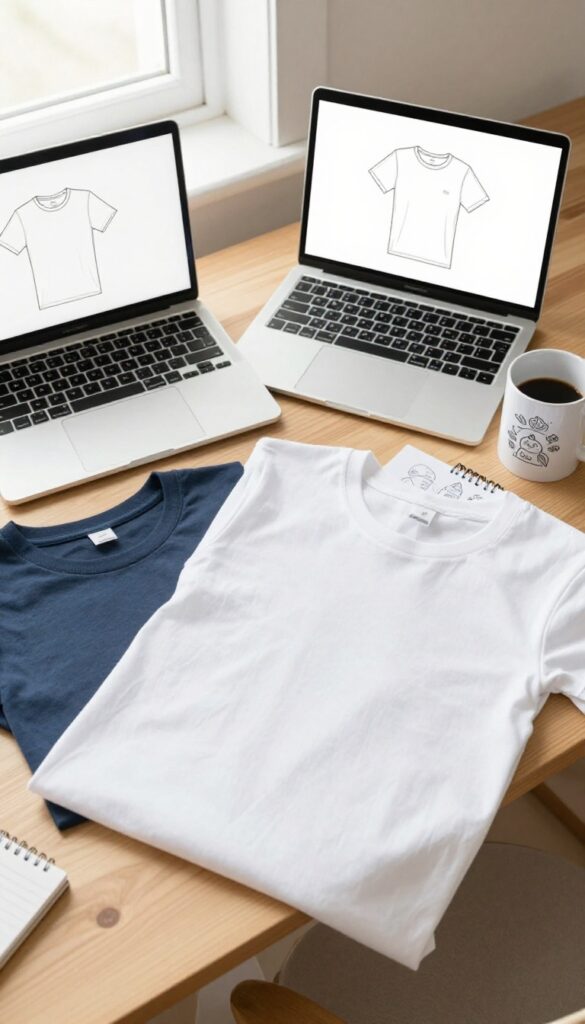 Flat lay of a laptop with a t-shirt design mockup, blank t-shirts, a custom mug, and a notebook on a wooden desk.