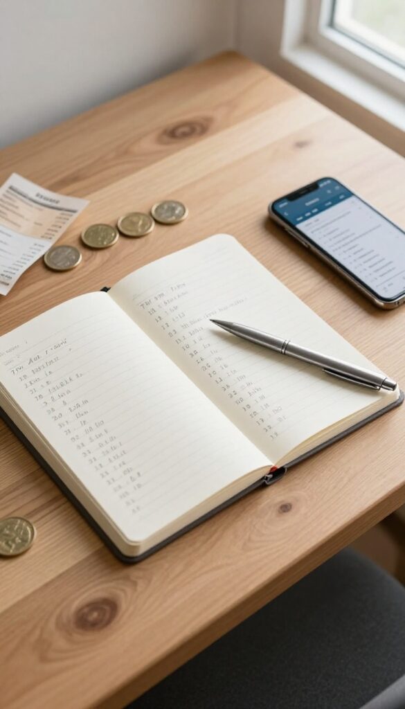 Open notebook with handwritten budget tracking, smartphone with budgeting app, receipts, and coins on a wooden desk in natural light