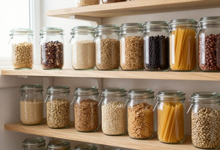 Organized pantry with glass jars of dry goods on wooden shelves