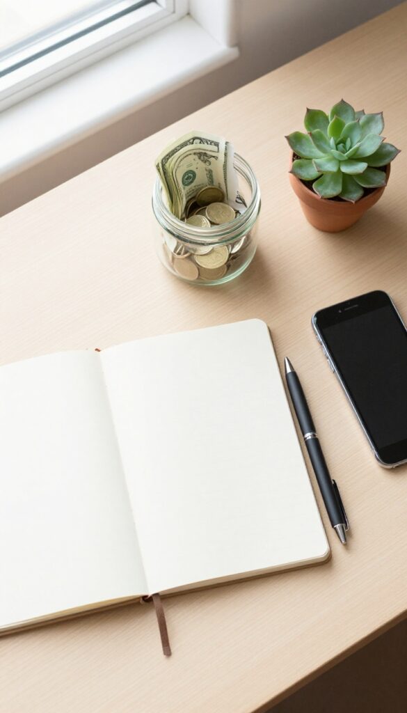 Flat lay of a coin jar, notebook, pen, and smartphone on a wooden desk with a succulent, representing a no-spend challenge and budget reset.