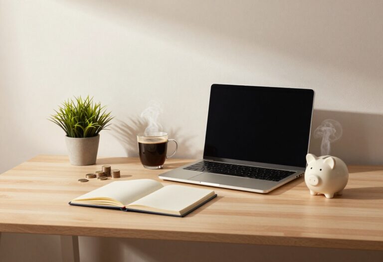 A desk setup with a laptop, coffee, notebook, and piggy bank representing side hustle opportunities.