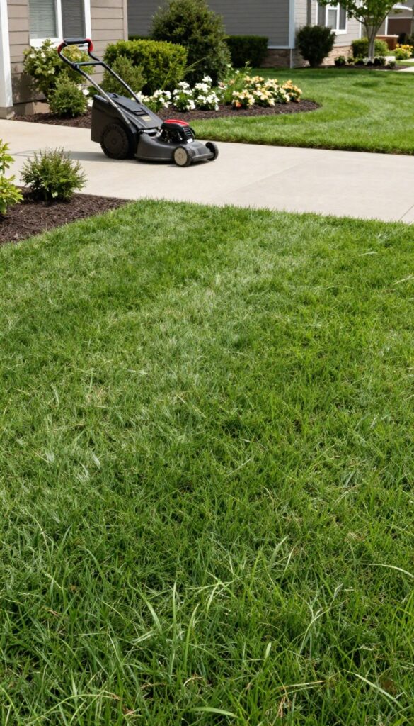 Lawn care equipment on a manicured lawn with fresh grass clippings