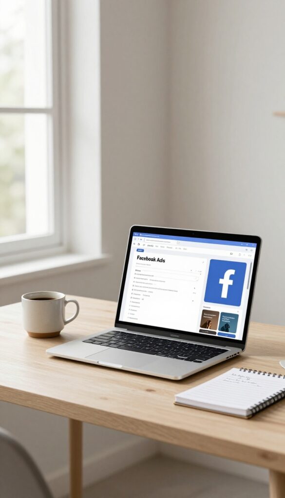 A laptop showing a Facebook Ads dashboard on a clean desk with a coffee cup and notebook in natural light