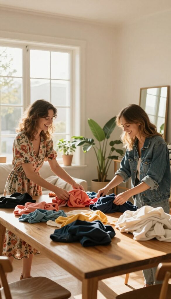Friends laughing and sorting through clothes at a clothing swap in a bright living room