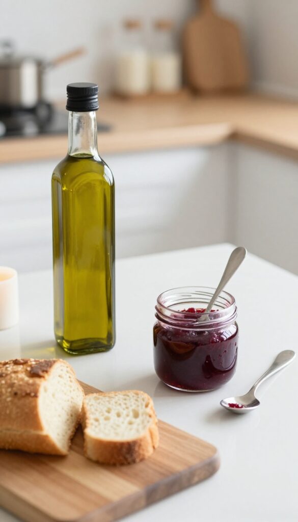 Kitchen counter with half-used pantry items like olive oil, jam jar, and candle, embodying use it up mindset
