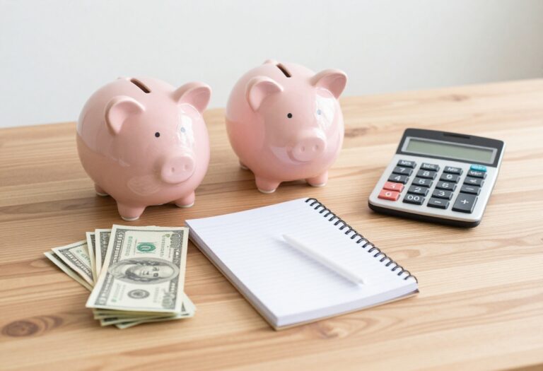 Piggy bank with calculator and notebook on a wooden table