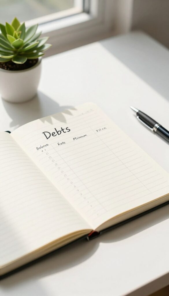 A notebook with a debt tracking list on a bright desk, symbolizing facing debt head-on in personal finance.
