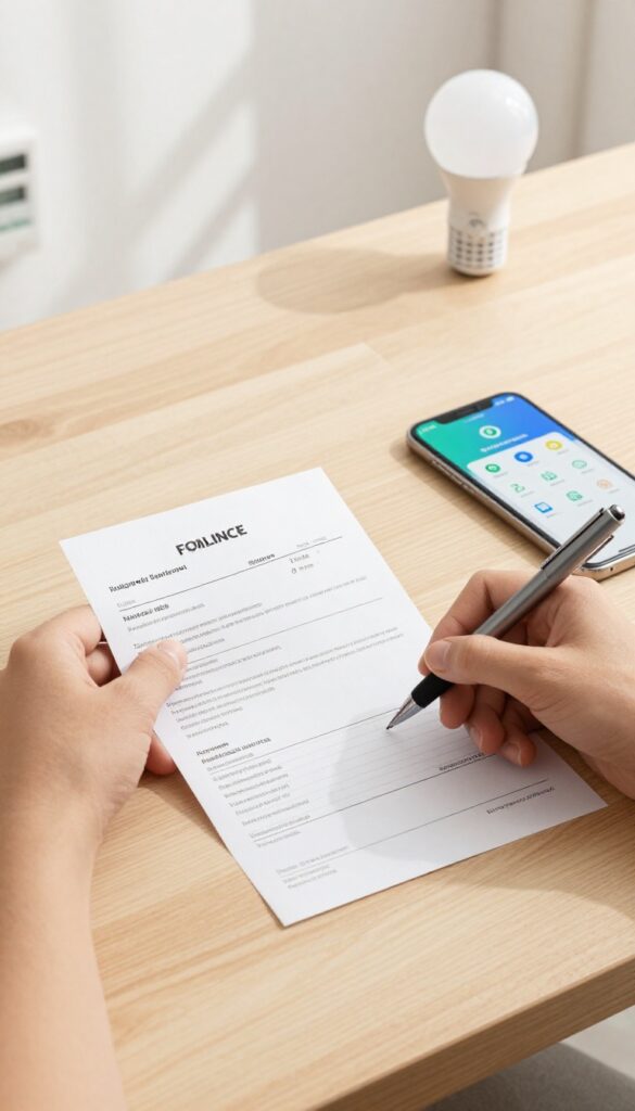 Hand holding a utility bill and pen with smartphone and energy-saving items on a wooden table