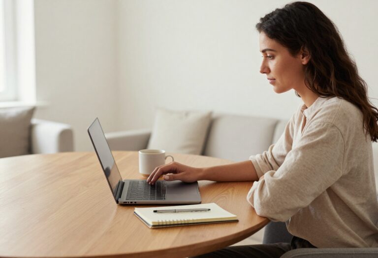 Woman working from home on a laptop with coffee and notebook