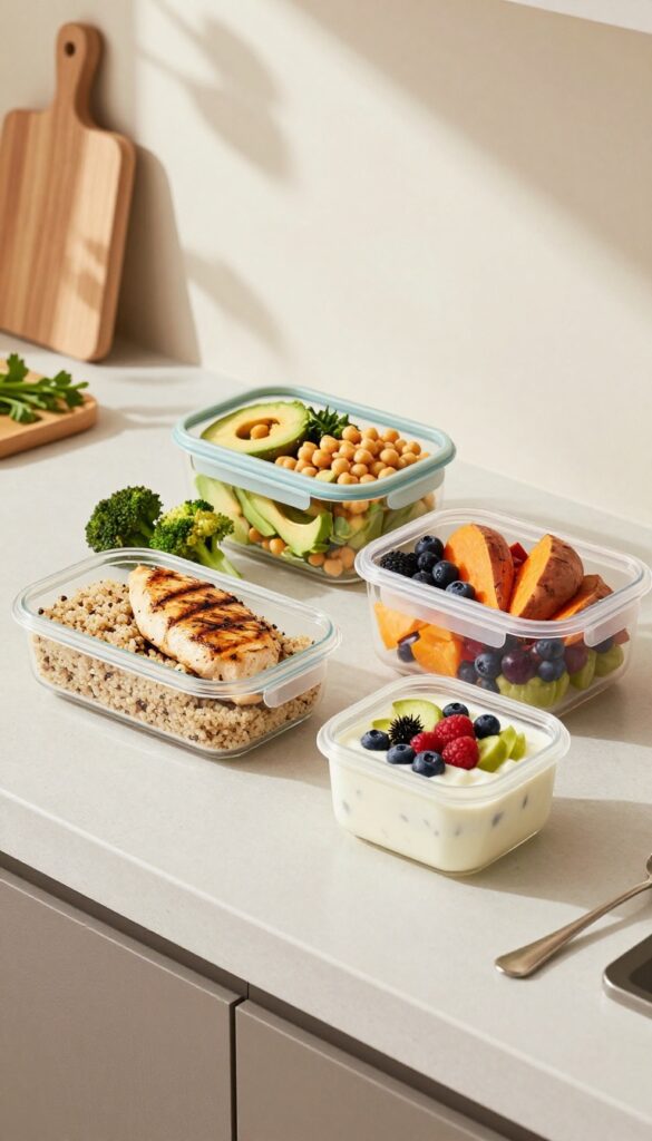 Overhead view of three meal prep containers with healthy food on a kitchen counter