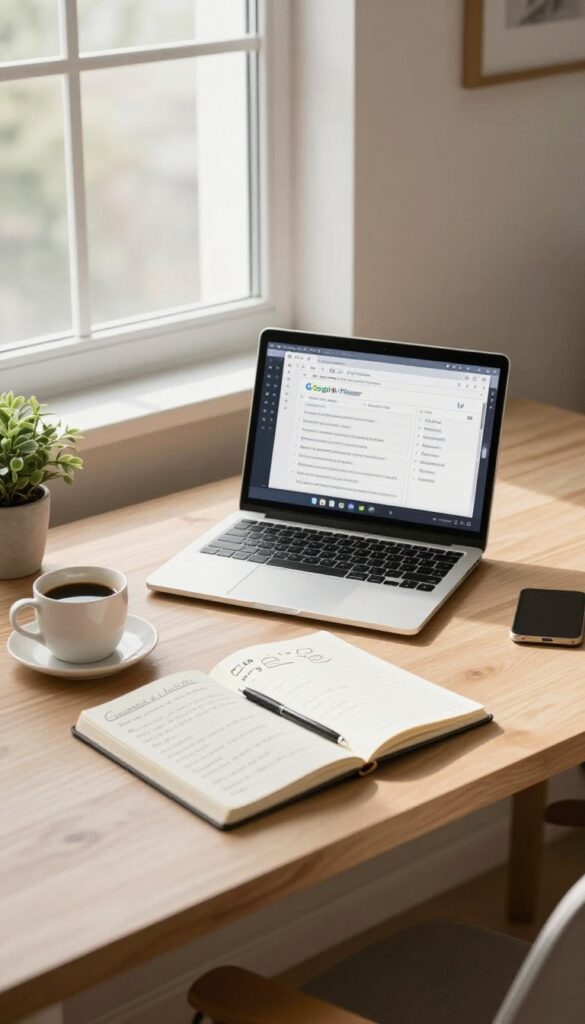 Home office desk with laptop showing SEO keyword research, notebook, coffee, and plant.