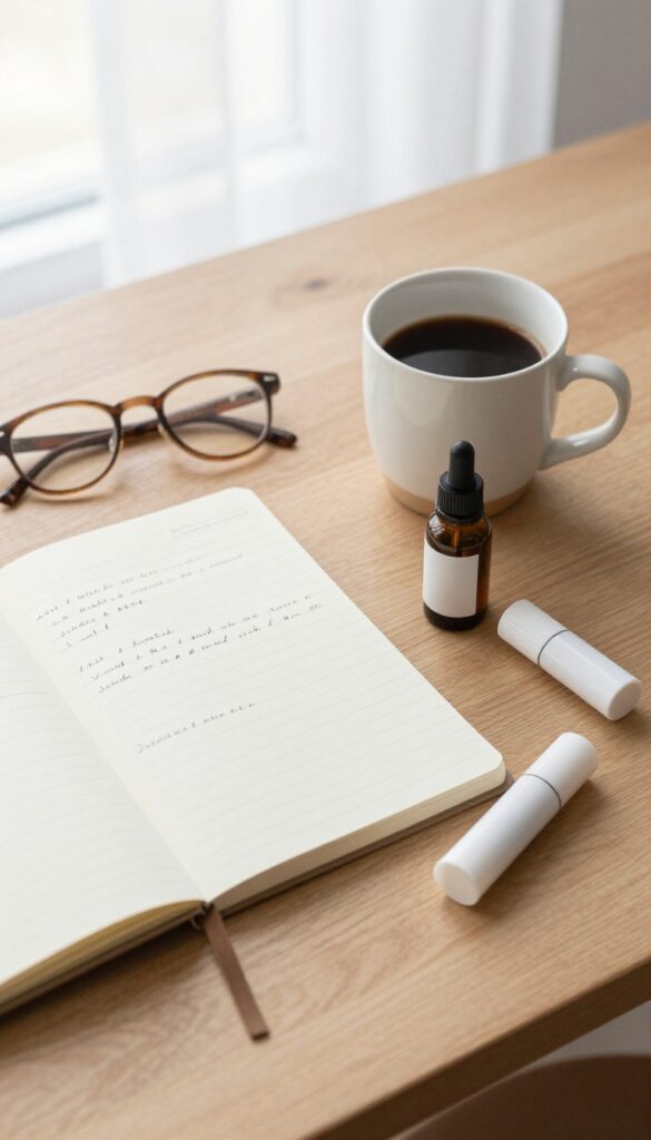 Flat lay of notebook, coffee, glasses, and skincare products on wooden desk