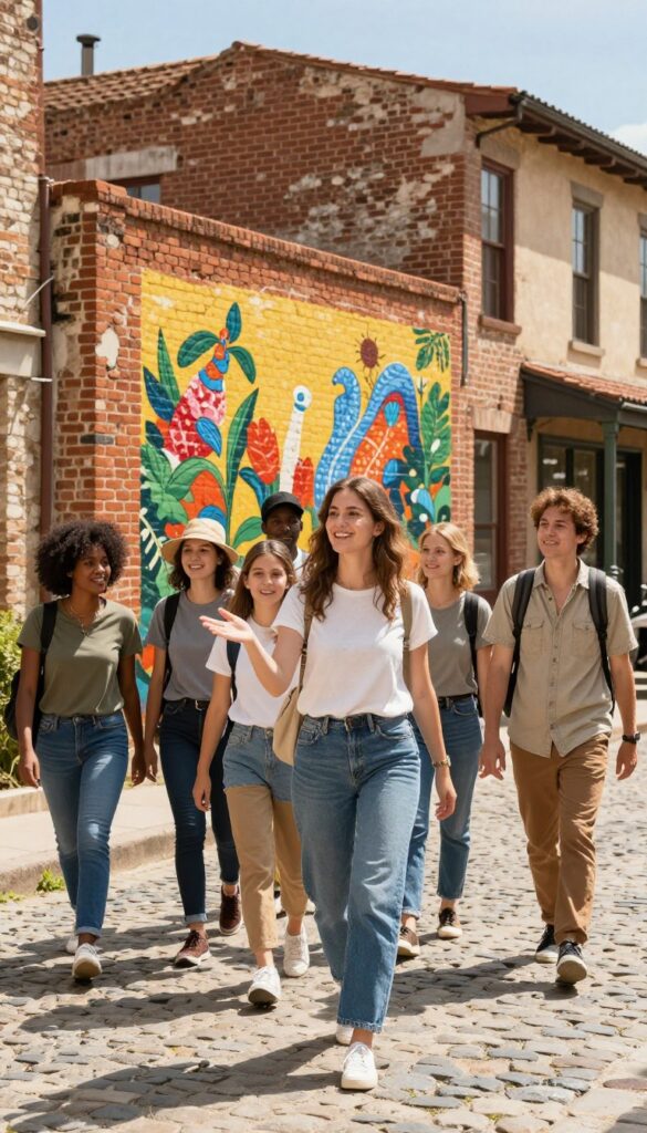 Tour guide leading a walking tour in a historic neighborhood