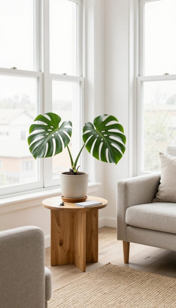 House sitting and plant care side hustle: a cozy living room with a monstera plant, key, and notebook in natural light.