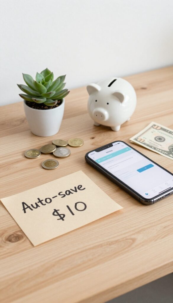 A wooden desk with a smartphone displaying a banking app, a piggy bank, coins, a $10 bill, and a succulent, with a note reading 'Auto-save $10'.