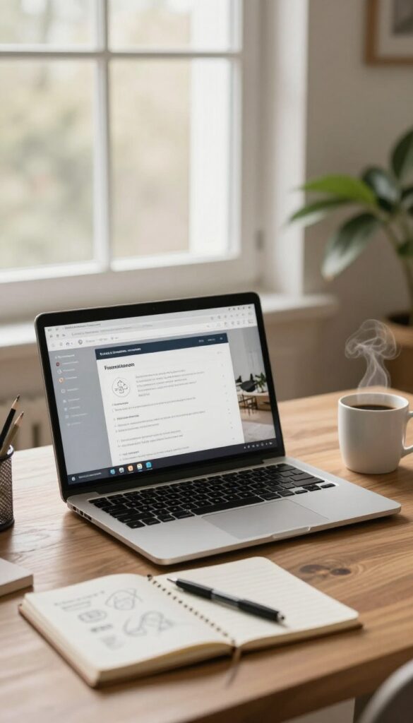 Cozy home office with laptop on freelance platform, coffee, notepad, natural light