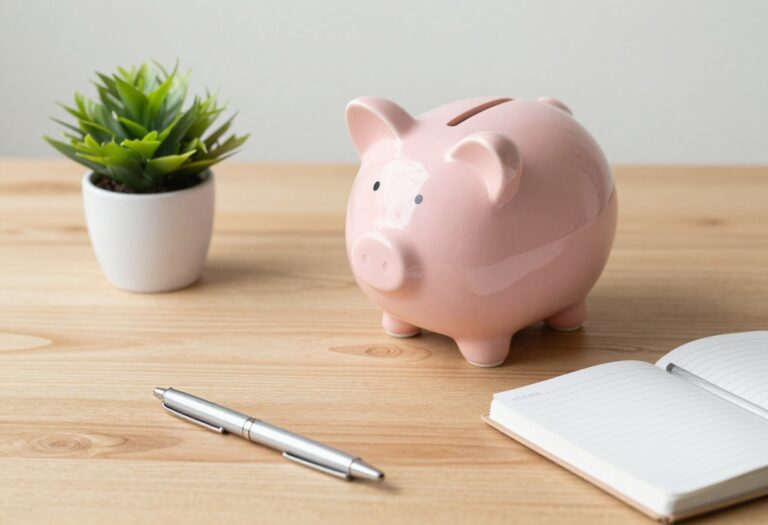 Flat lay with piggy bank, plant, notebook, and pen on wooden table