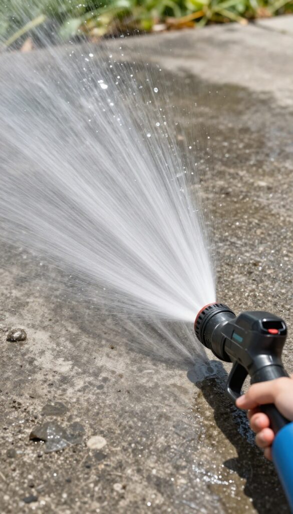 Pressure washer cleaning a dirty driveway with high-pressure water spray.