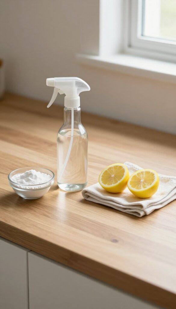 DIY household cleaners with vinegar, baking soda, lemon, and a spray bottle on a wooden countertop