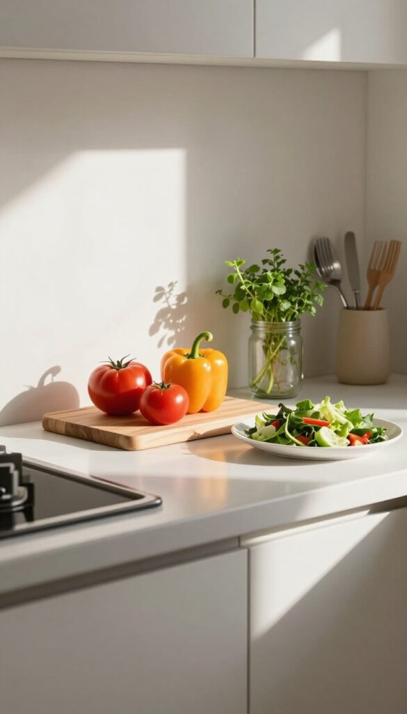 A bright kitchen counter with fresh vegetables, a salad, and a herb plant in natural light